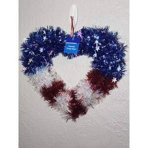 True Living Patriotic Hanging Tinsel Heart Decor Wall Wreath 15” x 13” - NEW